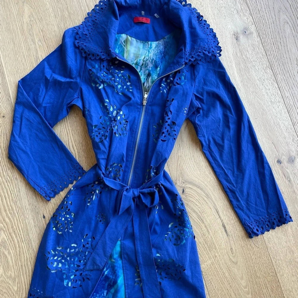 Firmiana Cobalt Blue Laser-Cut Jacket | Zip Front Belted Boho Layer - Picture 2 of 9